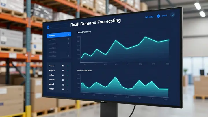 Modern data analytics dashboard for retail demand forecasting, glowing charts and line graphs on dark blue interface, wa