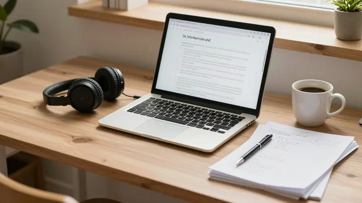 Cozy home office desk with laptop showing text document, headphones, coffee cup and stack of handwritten papers, warm na