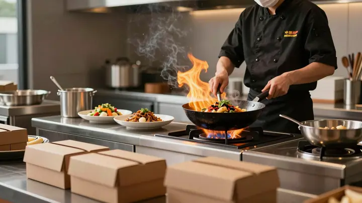 Professional photo of a modern dark kitchen with chef preparing asian dishes, wok with flames, delivery packaging boxes 