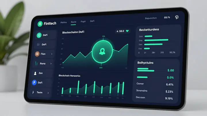 Modern fintech dashboard interface showing personalized investment strategies with blockchain and DeFi elements, dark bl