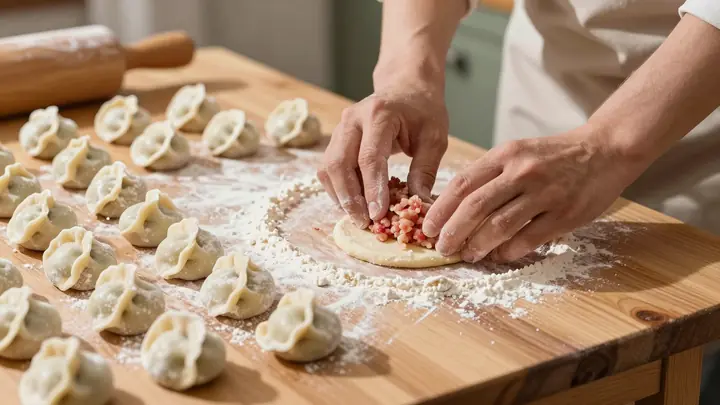 Cozy home kitchen with wooden table, hands making traditional Russian dumplings pelmeni, fresh minced meat and dough, fl