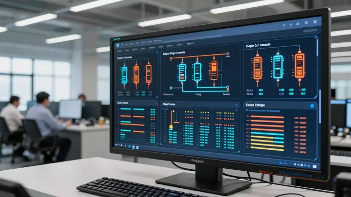 Industrial edge computing platform dashboard on a large screen in a modern factory control room, glowing data streams fr