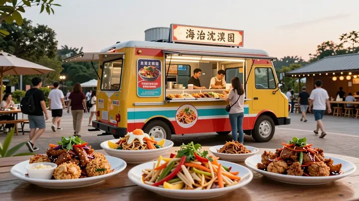 A vibrant food truck with fusion street food dishes served to tourists in a busy scenic tourist area, warm evening light