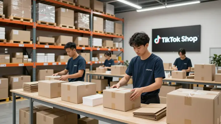 Modern fulfillment warehouse with workers packing small ecommerce parcels, shelves with boxes, bright clean industrial s