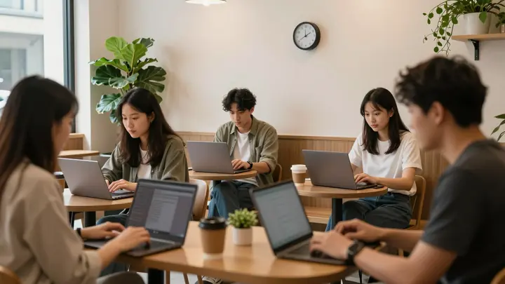 Cozy modern interior of a small procrastination club, people sitting with laptops and coffee, warm lighting, plants, tim