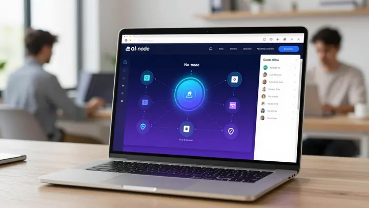 Modern no-code AI agent builder interface on a laptop screen, glowing nodes and automation flows, small business owner i