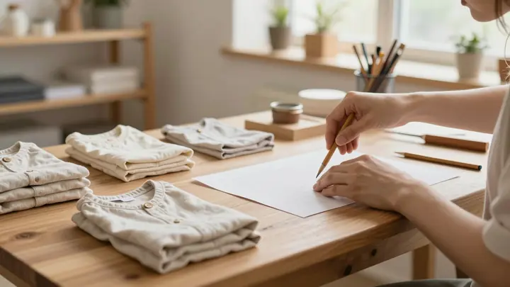 Small batch production workshop with handmade local products on wooden table, warm natural light, artisan crafting proce