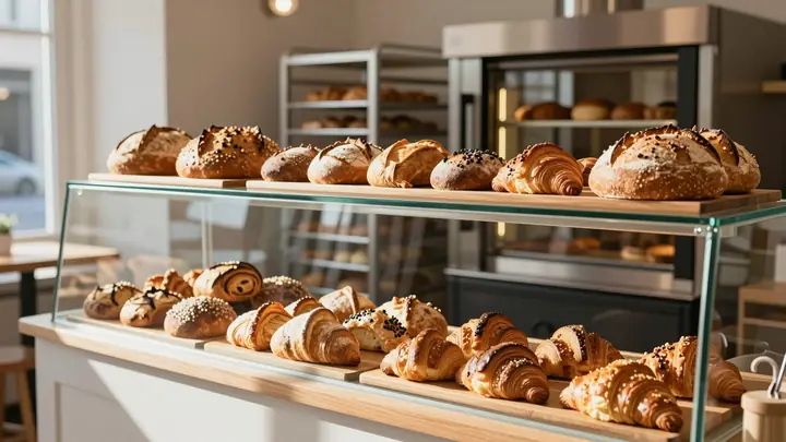 Cozy small bakery interior with glass partition showing baking ovens, fresh artisan bread and croissants on display, war