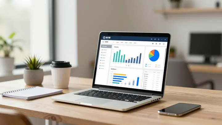 Professional workspace with laptop showing advertising dashboard with charts and metrics, modern minimal office, warm li