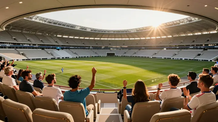 Luxury football World Cup 2026 travel concept, premium stadium seats with golden sunset light, private jet and yacht in 