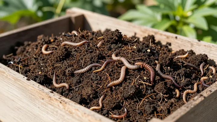 Close-up photo of rich dark vermicompost with earthworms in a wooden composting bin, organic farm setting, natural sunli