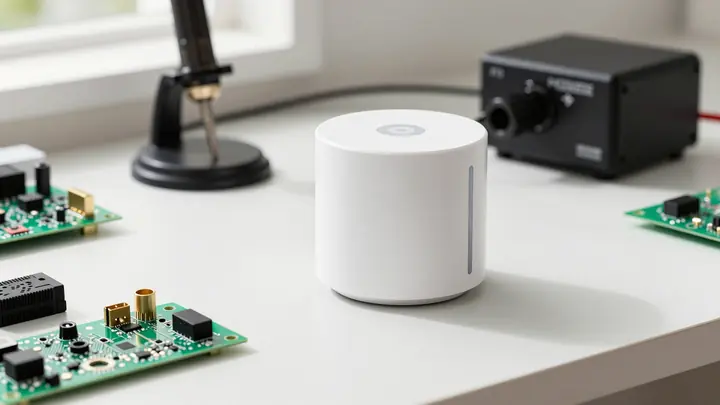 Close-up photo of a modern smart home sensor being assembled on a workbench with electronic components, soldering statio