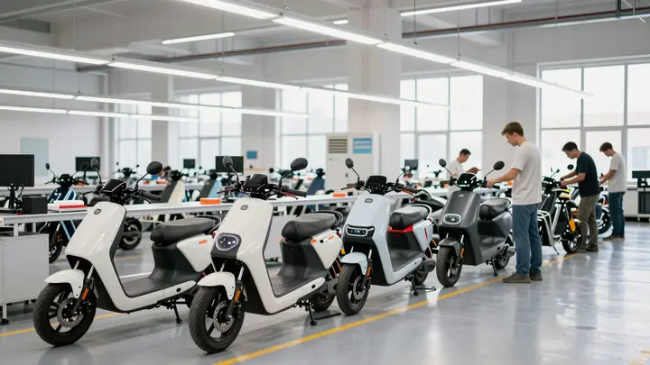 Modern electric motorcycle production line in Russia, workers assembling electric motorcycles, bright industrial worksho