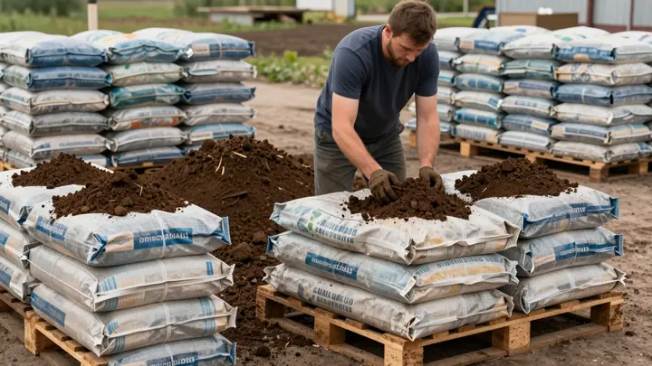 Small-scale soil production workshop in Russia, worker filling bags with dark fertile potting soil, stacks of packaged s