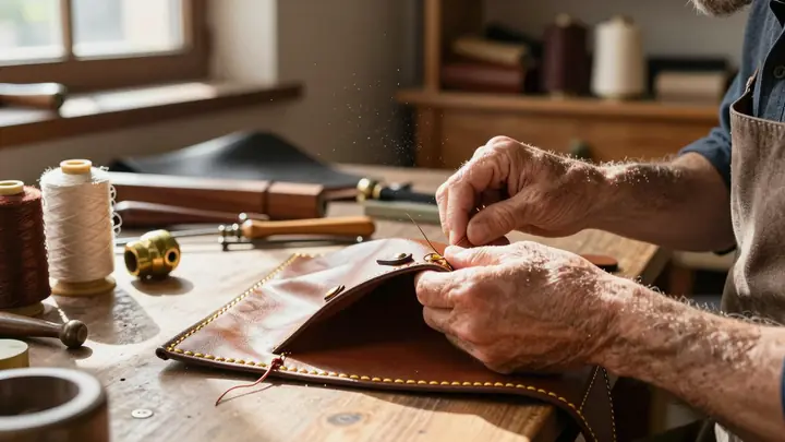 A master artisan's weathered hands carefully hand-stitching gold-threaded leather onto a bespoke luxury handbag in a sun