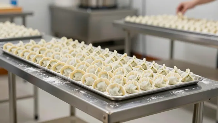Professional photo of a small food production workshop with stainless steel tables, fresh handmade pelmeni dumplings on 