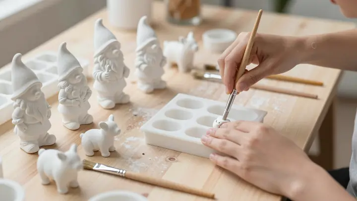 A cozy workshop table with white plaster garden figurines of gnomes and animals, paint brushes and molds, warm natural l