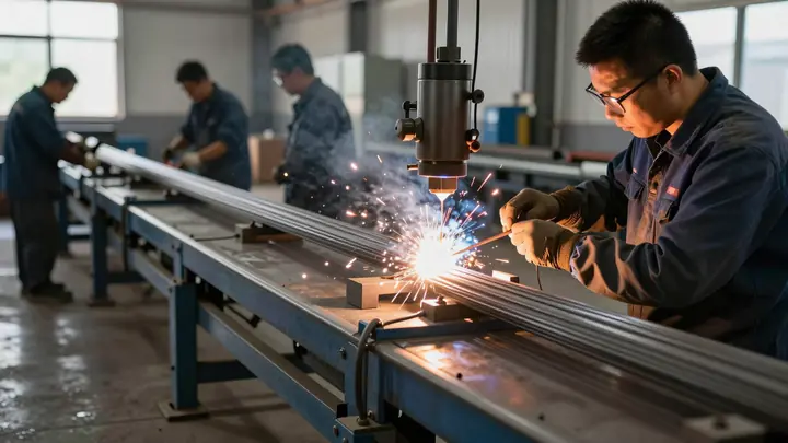 Industrial workshop with welding electrode production line, steel wire and coating materials, realistic photo, warm ligh