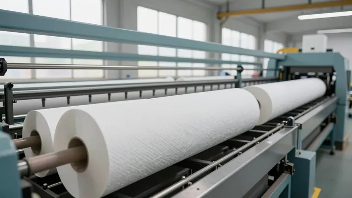 Industrial production line manufacturing toilet paper rolls from recycled paper, modern machinery, bright factory interi