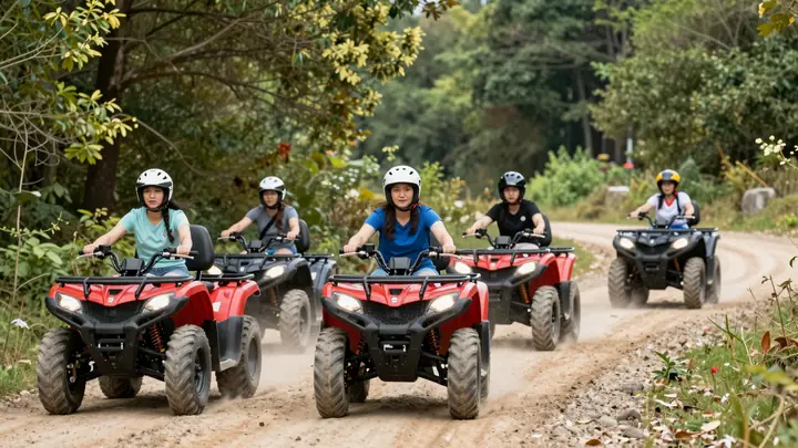 Group of tourists riding ATVs on a scenic forest trail, sunny day, action shot, vibrant colors, professional photography