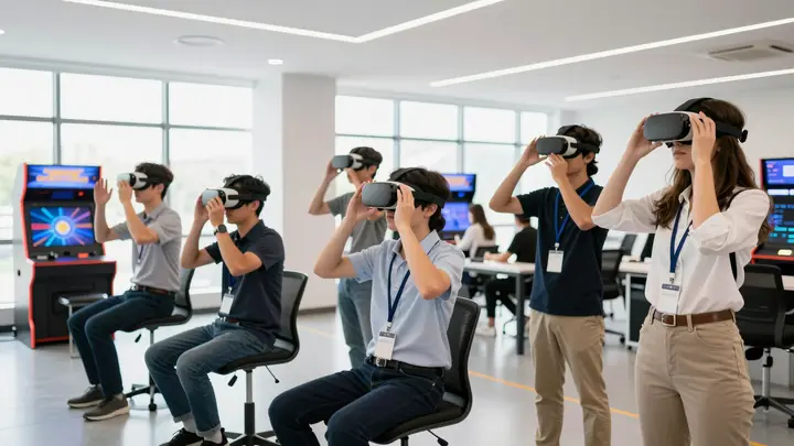 Modern VR headsets and VR arcade equipment set up at a corporate event, people trying virtual reality, bright indoor lig