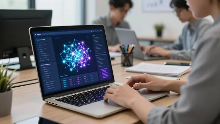 Modern office workspace with a laptop showing an AI agent dashboard, glowing neural network visualization, professional 
