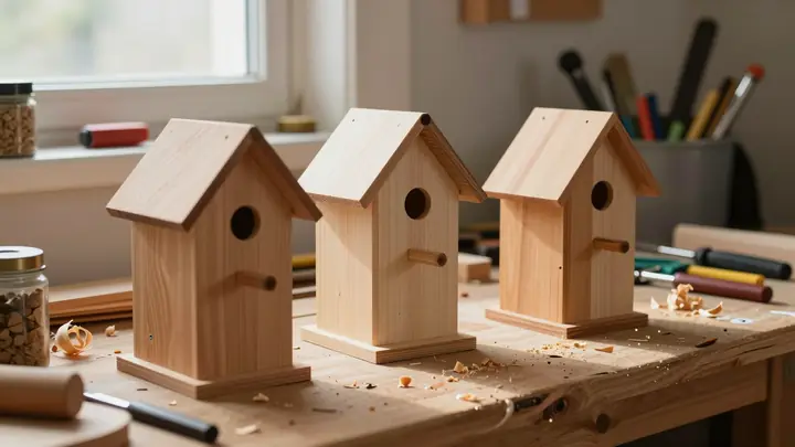 A cozy wooden workshop with handmade birdhouses on a workbench, warm natural light, wood shavings, tools in the backgrou