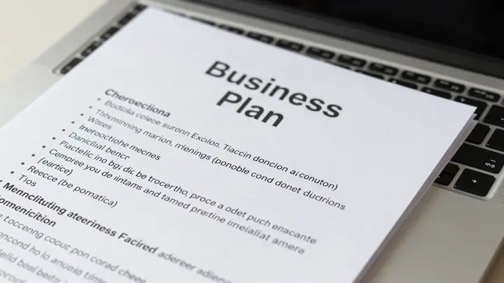 business plan document on laptop