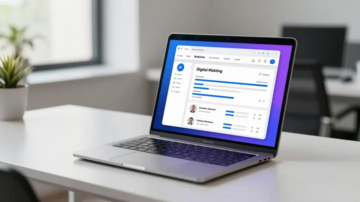 Modern digital marketing agency workspace with laptop showing AI chat interface and analytics dashboard, blue and purple