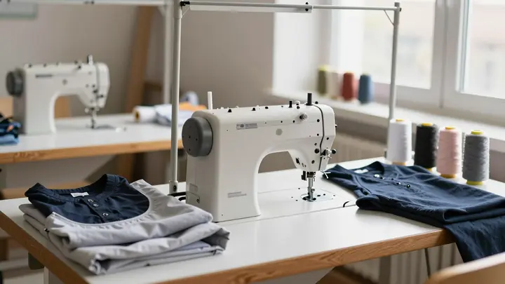 Cozy home sewing workshop with industrial sewing machine, fabric rolls, threads and finished garments on table, warm nat