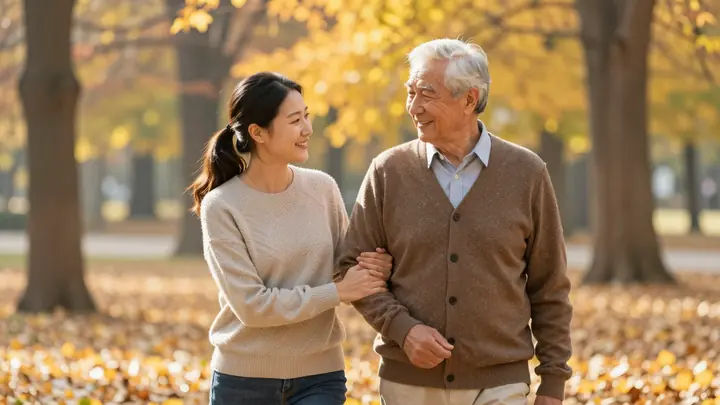 A warm and caring young woman in casual clothes gently holding the arm of a smiling elderly man during a walk in a sunny