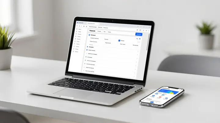 Modern workspace with laptop showing no-code app builder interface, smartphone with mobile app prototype, clean minimal 
