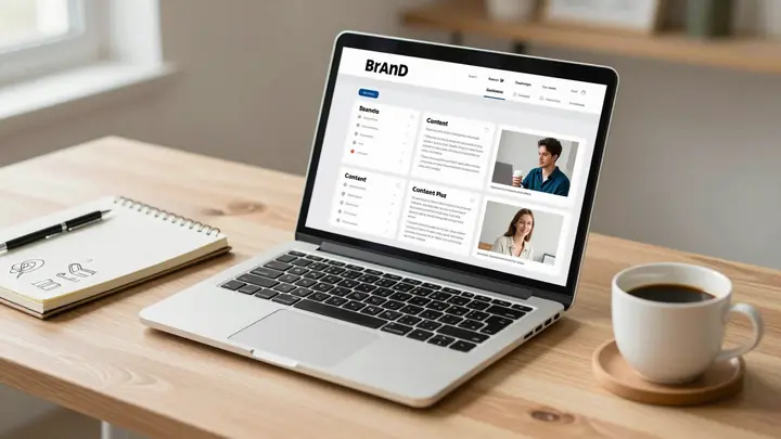 A cozy freelance content creator workspace with a laptop showing a brand content plan, notebook with sketches, coffee cu