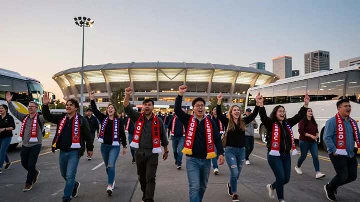 Wide shot of excited football fans in team scarves walking toward a glowing stadium at dusk, tour bus and city skyline i