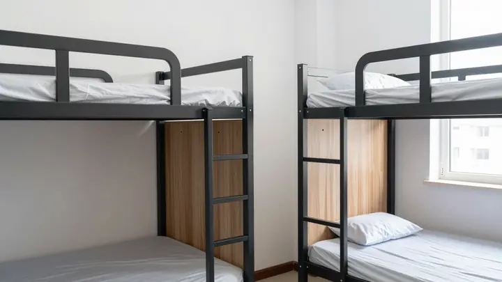 hostel room interior bunk beds