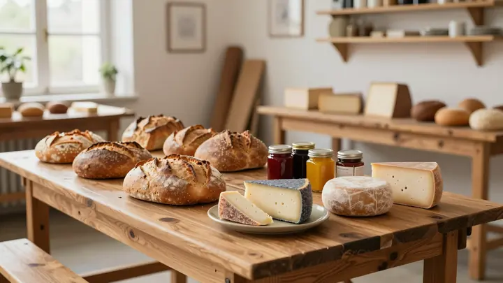 A warm inviting artisan food production workshop with wooden tables, fresh bread, cheese wheels and preserves, soft natu