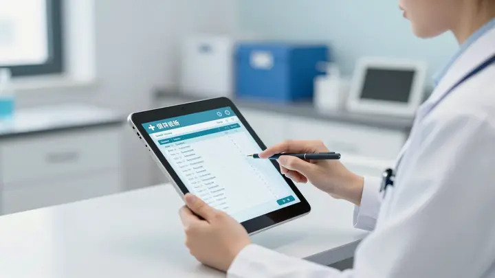 Modern medical clinic with doctor using tablet for electronic health records, digital interface overlay with medical dat