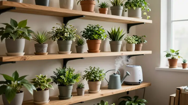 Cozy indoor plant hotel with wooden shelves full of potted plants, soft natural light, watering can and humidifier, warm