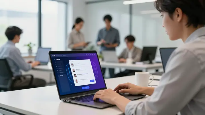 Modern office with a developer working on a laptop displaying AI chatbot interface, futuristic blue and purple lighting,