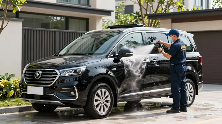 A professional mobile car wash van parked in a modern residential courtyard, worker in branded uniform cleaning a black 