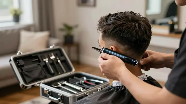 Professional mobile barber cutting a client's hair at home, portable barber case open with tools, warm natural light, co