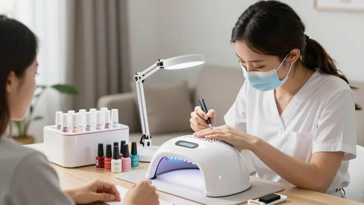 Professional mobile nail technician working at client's home, portable manicure kit with LED lamp and gel polishes, cozy