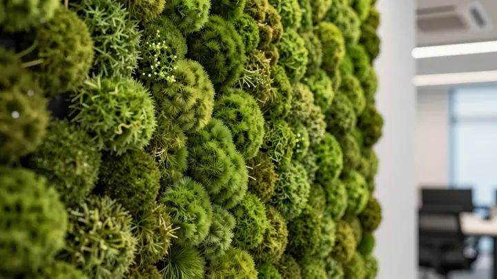 Close-up photo of vibrant green stabilized moss wall panel in a modern office interior, soft natural lighting, professio